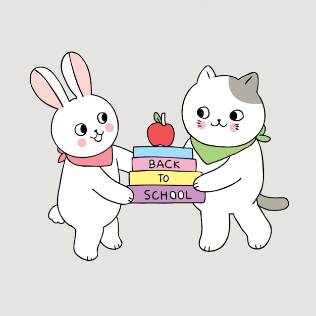 Dessin Animé Mignon Retour Au Lapin De L'école Et Chat Tenir Un Livre.