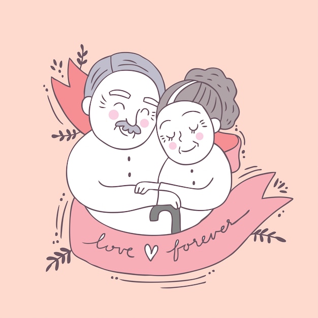 Dessin Animé Mignon Saint Valentin Vieux Couple Et Vecteur De L'amour.