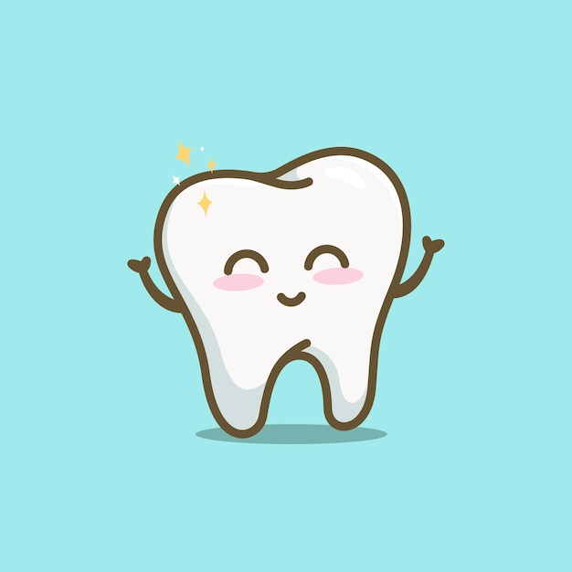 Vecteur dessin animé mignon souriant dents brillantes avec icône de dentiste de santé illustration vectorielle caractère clignotant étoile