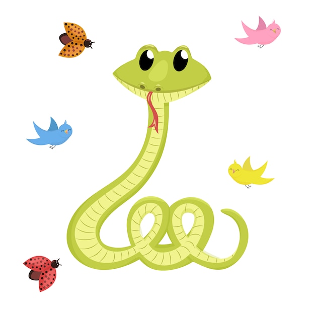 Dessin Animé Mignon Sourire Vert Illustration Animale De Vecteur Serpent.