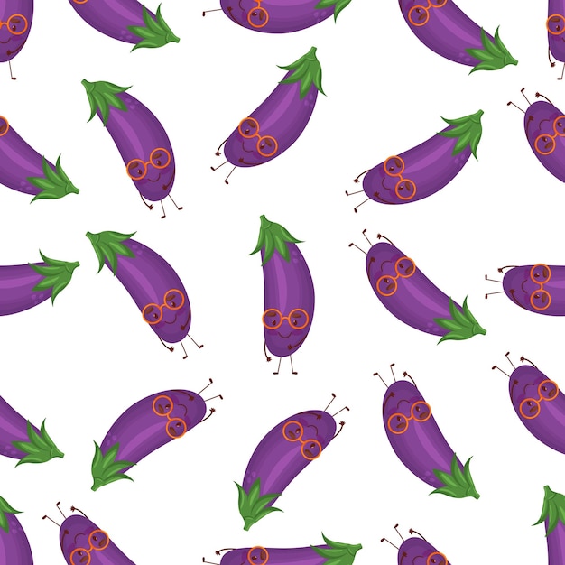 Dessin Animé Mignon Style Heureux Aubergine Aubergine Caractère Vecteur Sans Soudure De Fond