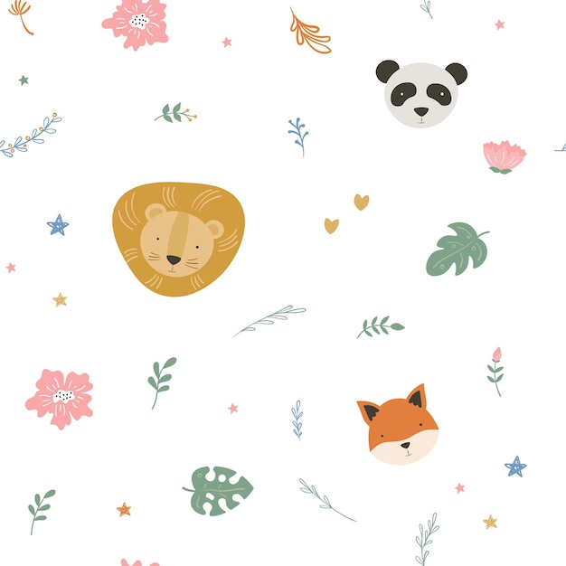 Vecteur dessin animé mignon tête d'animal et motif de fleurs papier peint vectoriel