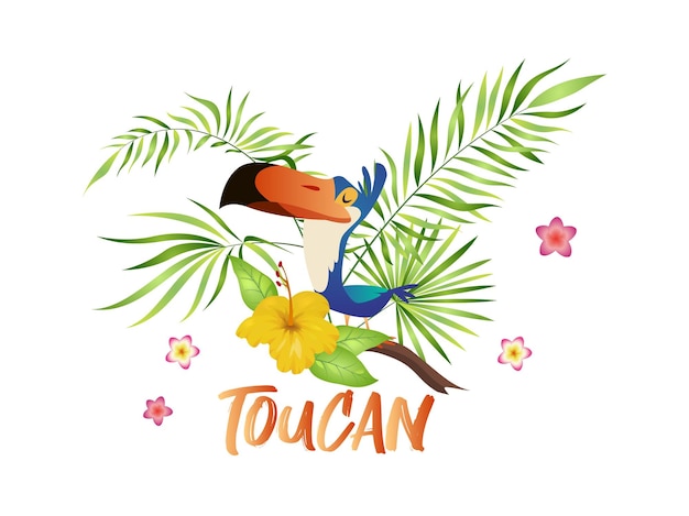 Vecteur dessin animé mignon de toucan. oiseau avec branche tropicale et feuilles, personnage exotique coloré assis sur un palmier et une fleur d'hibiscus, illustration vectorielle isolée avec texte
