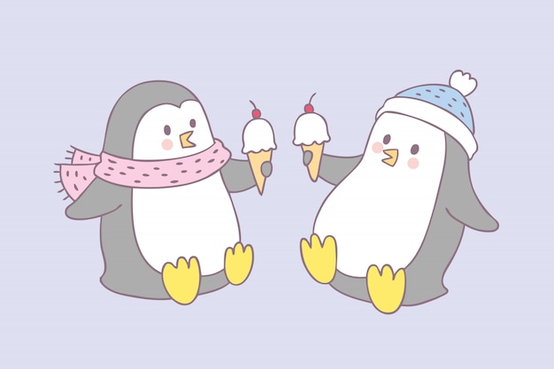 Dessin Animé Mignon Vecteur De Pingouin Et De La Crème Glacée.