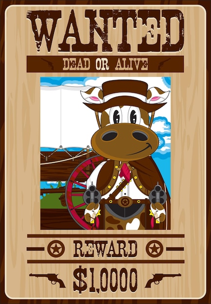 Vecteur dessin animé mignon wild west gunslinging cowboy cowboy wanted dead or alive poster