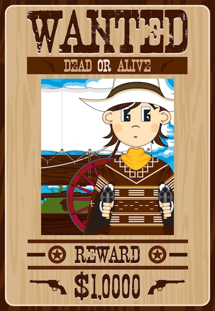 Vecteur dessin animé mignon wild west gunslinging cowboy wanted dead or alive poster