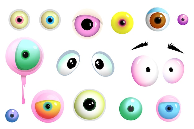 Dessin animé mignon yeux de monstres et de créatures de différentes formes et couleurs ensemble d'objets isolés