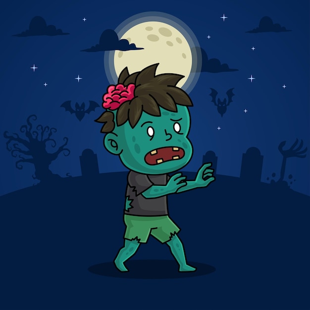 Vecteur dessin animé mignon de zombie masculin dans la nuit d'halloween