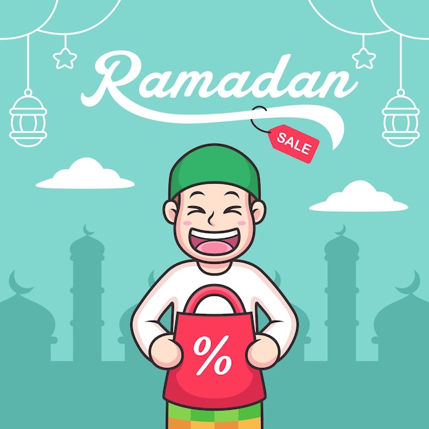 Dessin Animé Musulman Avec Vente De Ramadan. Icône Illustration Isolé