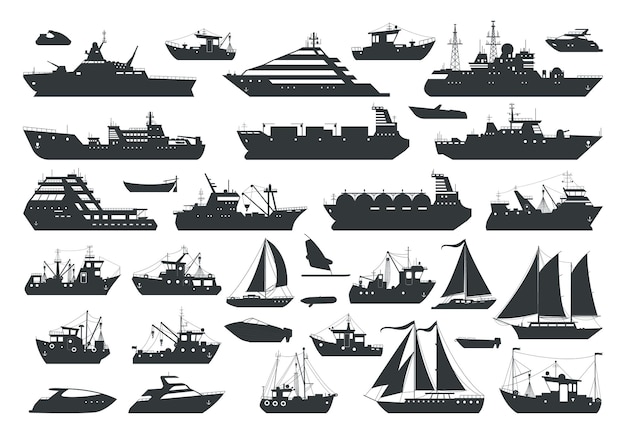 Dessin Animé Navires Mer Voyage Bateaux Et Voiliers Silhouettes Collection D'illustrations Vectorielles Plates