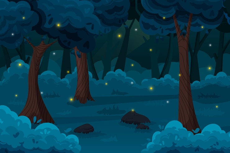 Vecteur dessin animé nuit forêt nature fond de bois magique avec de vieux arbres buissons et lucioles illustration vectorielle