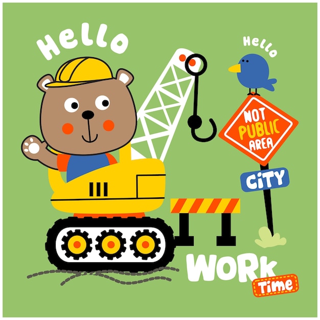 Vecteur un dessin animé d'un ours sur un chantier de construction avec les mots 