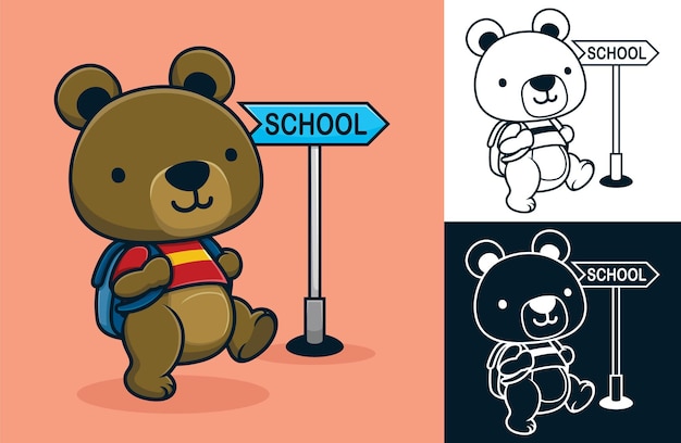 Dessin Animé D'ours Mignon Avec Sac à Dos Allant à L'école