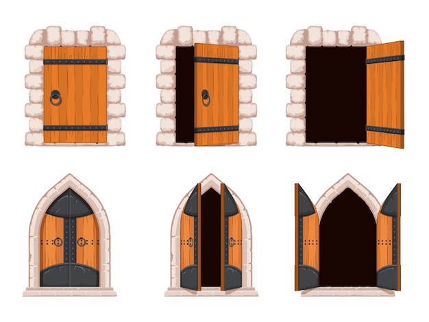 Vecteur dessin animé ouvert et fermé la porte du château médiéval et la porte du donjon. anciennes portes voûtées en bois, fer et pierre. ensemble de vecteurs d'entrée de la vieille forteresse