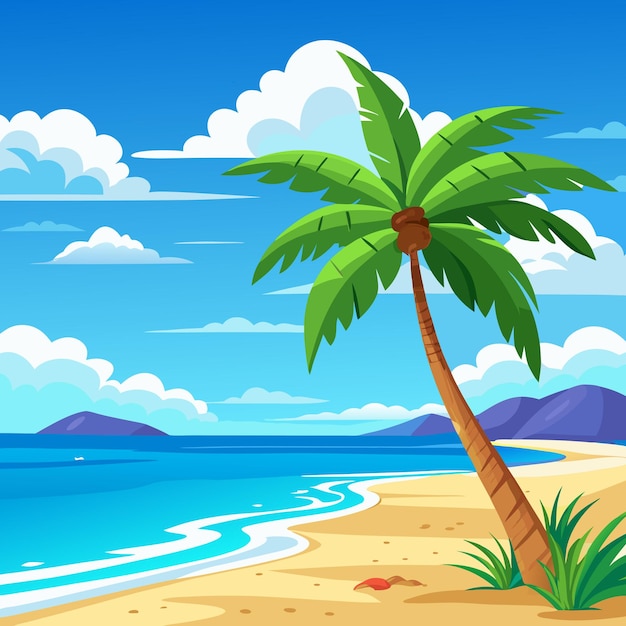 un dessin animé d'un palmier sur une plage avec l'océan en arrière-plan