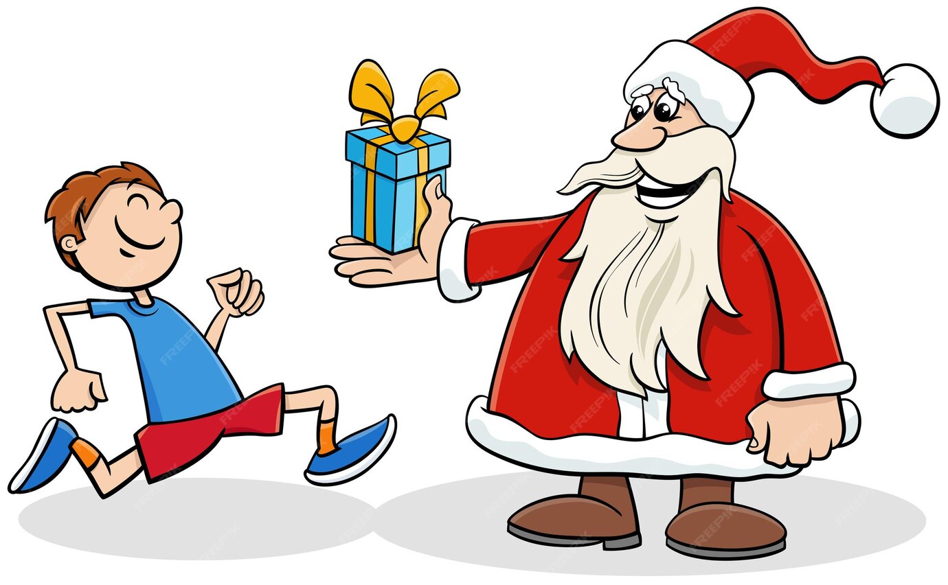 Dessin Animé Père Noël Donnant Le Cadeau De Noël à Un Garçon | Vecteur