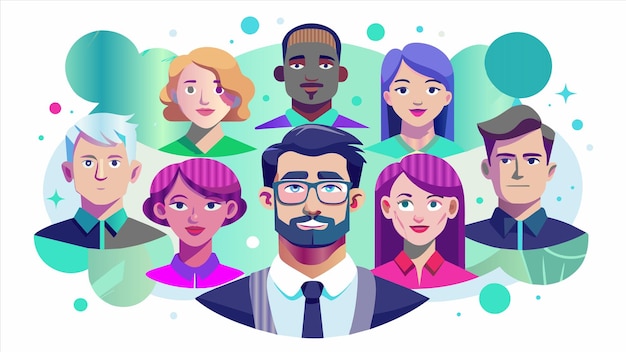 un dessin animé de personnes avec des visages différents et un homme avec des lunettes