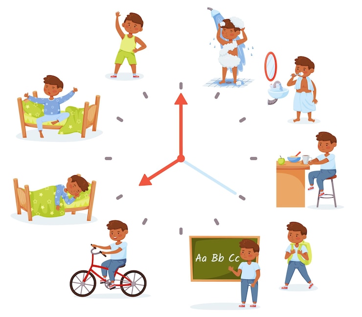 Vecteur dessin animé petit écolier activités enfant routine quotidienne horaire quotidien pour enfants ensemble de vecteurs