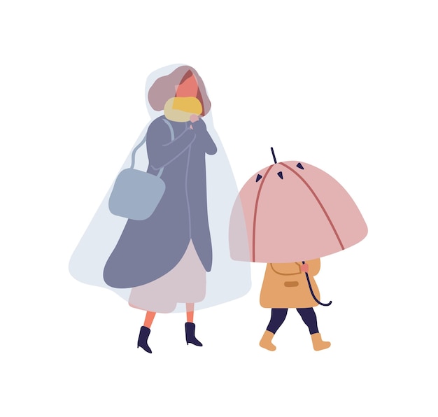 Dessin Animé Petit Enfant Tenant Un Parapluie Marchant Sous La Pluie Avec Sa Mère. Femme En Imperméable Allant Dans La Rue Avec Un Enfant Au Jour De Pluie Vector Illustration Plate. Caractère De Personnes En Plein Air Isolé Sur Blanc.