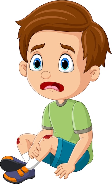 Dessin animé petit garçon pleurant avec un genou écorché