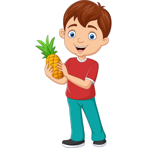 Dessin animé petit garçon tenant un ananas