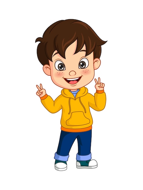 Dessin Animé Petit Garçon En Veste Jaune Et Signe De Main De Paix