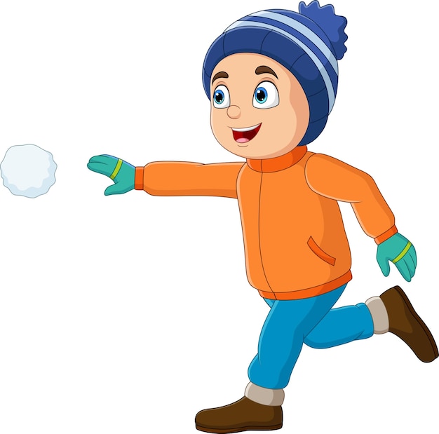 Dessin Animé Petit Garçon En Vêtements D'hiver Jetant Des Boules De Neige