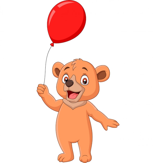 Dessin Animé Petit Ours Tenant Un Ballon Rouge