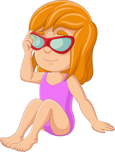 Dessin Animé Petite Fille Assise Avec Des Lunettes De Soleil