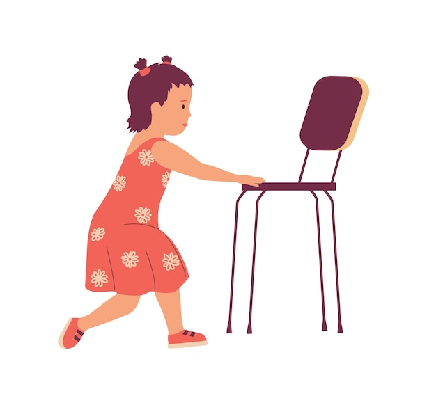 Vecteur dessin animé petite fille avec chaise mignon bébé apprendre à marcher enfant faire de l'exercice avec fauteuil enfant debout près de meubles de maison enfant en bas âge étape de croissance vecteur isolé jeune fille en robe colorée
