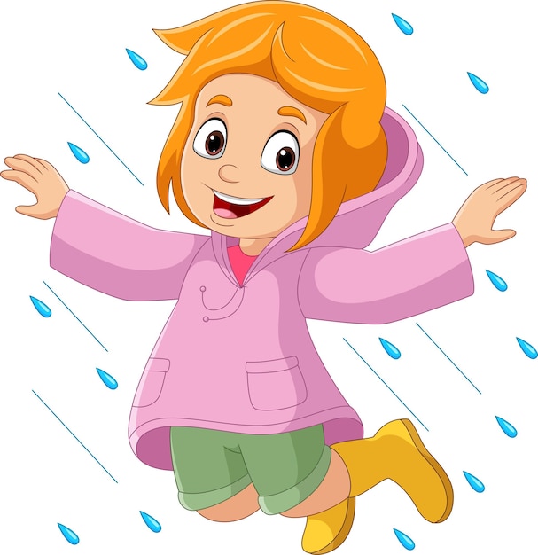 Dessin Animé Petite Fille Sautant Portant Un Imperméable Et Des Bottes Sous La Pluie