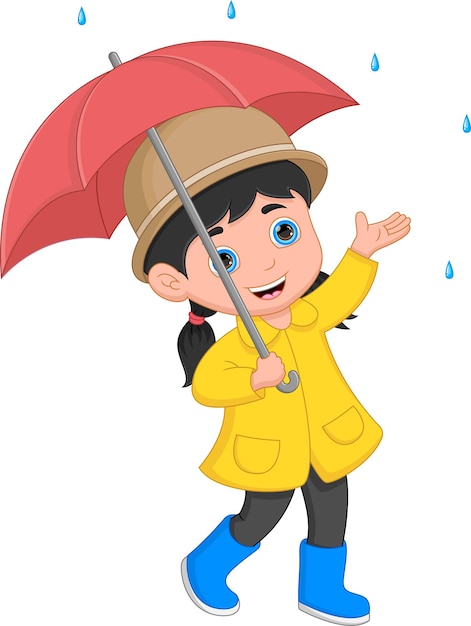 Dessin Animé Petite Fille Tenant Un Parapluie Sous La Pluie