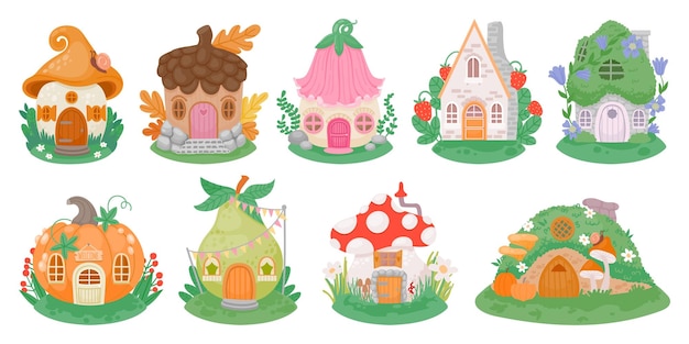 Dessin animé petites maisons fantastiques pour fées elfes gnomes ou nains Citrouille aux champignons et fleur mignonnes maisons de conte de fées dans un ensemble de vecteurs forestiers