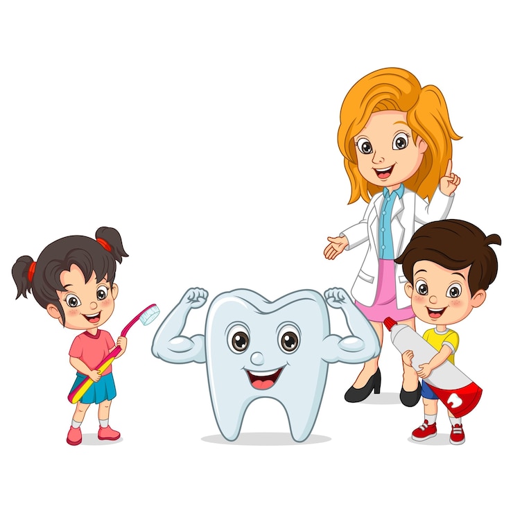 Vecteur dessin animé de petits enfants avec un dentiste et une dent forte