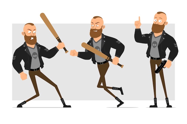 Dessin Animé Plat Drôle Personnage Fort Barbu Punk Homme Avec Mohawk En Veste De Cuir. Garçon Se Battre Avec Une Batte De Baseball En Bois Et Une Arme à Feu.