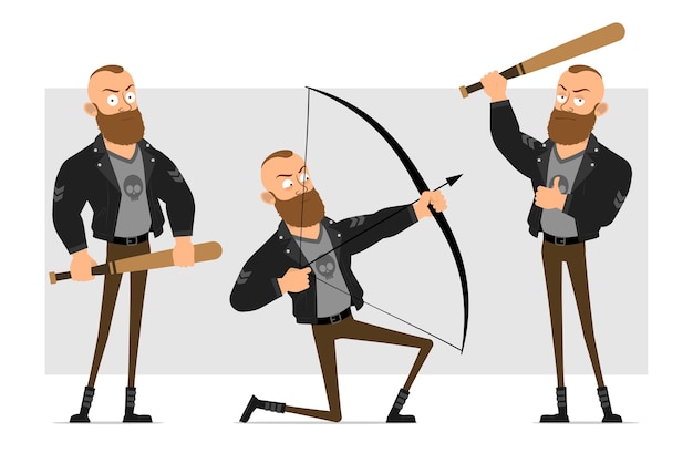 Vecteur dessin animé plat drôle personnage fort barbu punk homme avec mohawk en veste de cuir. garçon tirant avec un arc et tenant une batte de baseball en bois.