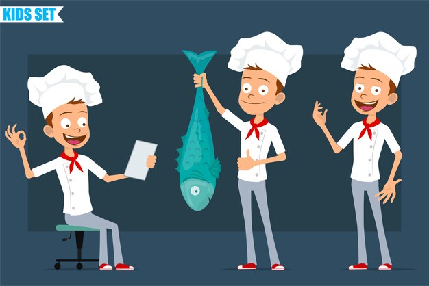Vecteur dessin animé plat drôle petit chef cuisinier personnage garçon en uniforme blanc et chapeau de boulanger. enfant montrant un geste correct et tenant de gros poissons.
