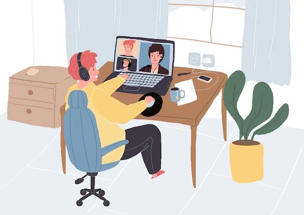 Vecteur dessin animé plat pigiste personnage conversation en ligne avec des collègues.