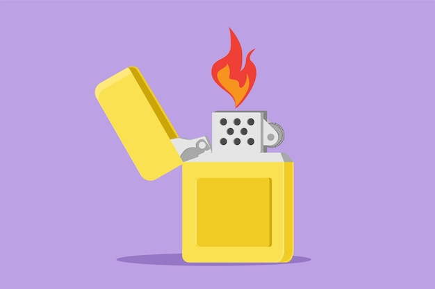 Dessin animé plat style dessin métal allume-cigare logotype étiquette modèle symbole Feu de l'icône du briquet Briquet à gaz manuel avec flamme brûlante dans un style plat Illustration vectorielle de conception graphique