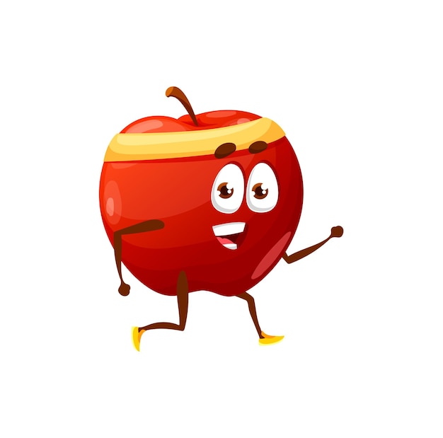 Dessin Animé Pomme Jogging Ou Exécutant Un Personnage De Dessin Animé Heureux Isolé. Activité Sportive De Passe-temps De Fruits D'été De Vecteur, Mode De Vie Actif De Pomme Saine, Forme Physique, Sport, Voyage, Loisirs. Entraînement De Vitamines