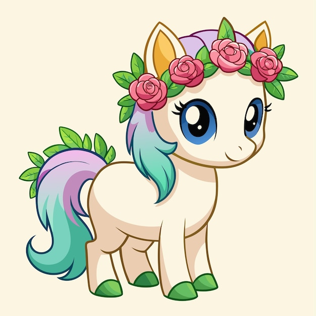 Vecteur un dessin animé d'un poney avec une couronne de fleurs dessus