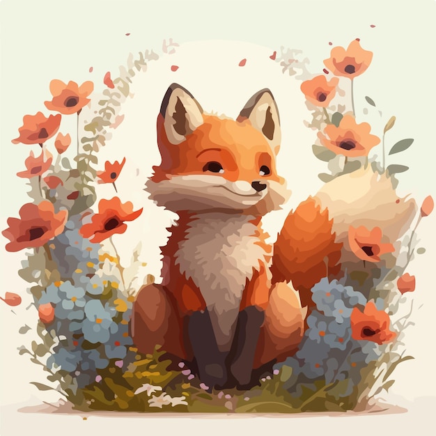 Un dessin animé d'un renard assis dans un champ de fleurs.