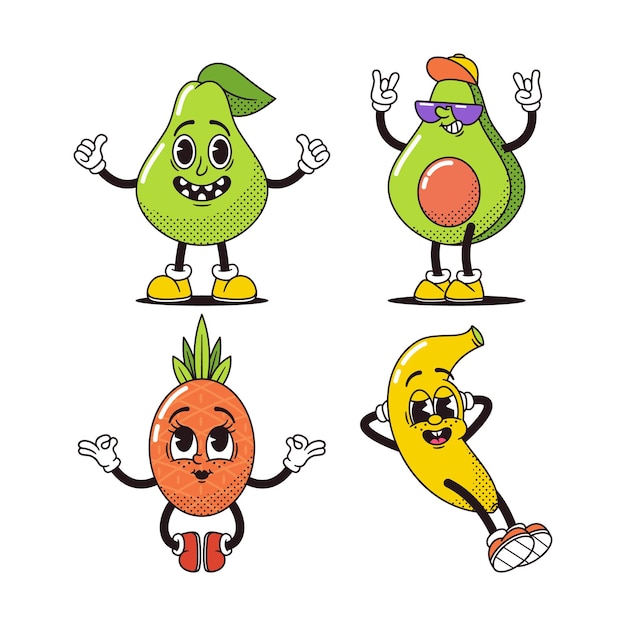 Dessin animé rétro poire avocat ananas et personnages de banane isolés sur fond blanc personnages de nourriture funky dans le style vintage des années 80 mascottes drôles ou illustration vectorielle Emoji