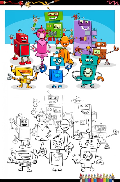 Dessin Animé Robots Personnages Fantastiques Page De Livre De Coloriage