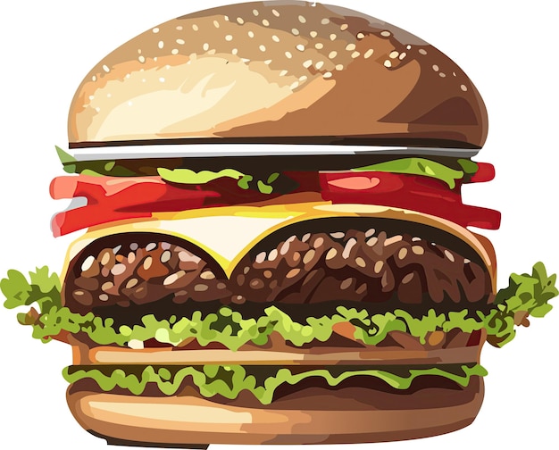 Vecteur dessin animé savoureux gros hamburger avec du fromage et des graines de sésame isolés sur un autocollant vectoriel fond blanc