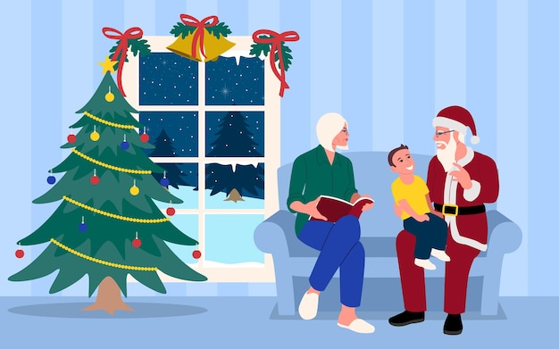 Dessin Animé Simple Plat Santa Grand-parent Petit-fils Sur Les Genoux