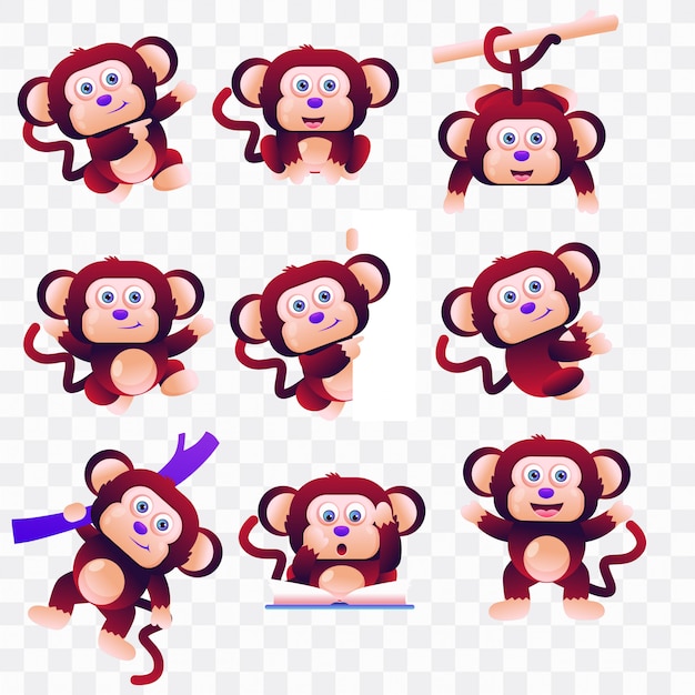 Dessin Animé De Singe Avec Différentes Poses Et Expressions.