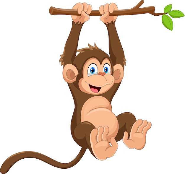 Dessin animé singe mignon accroché sur une branche d'arbre