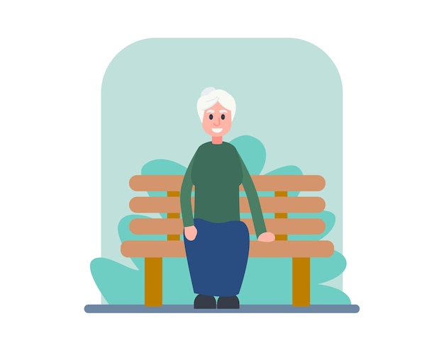 Vecteur dessin animé souriant grand-mère assis sur un banc les personnes âgées passent du temps en plein air dans le parc personnes âgées ayant un mode de vie sain et actif temps de loisirs vieillesse heureuse vecteur