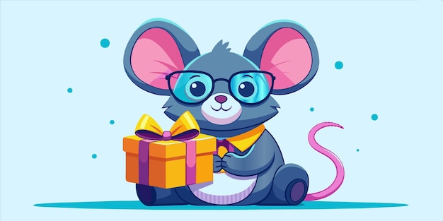 Vecteur un dessin animé d'une souris avec des lunettes tenant un cadeau
